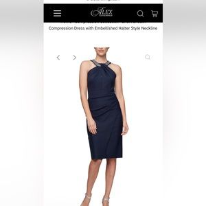 Embellished halter, scuba compression cocktail dress. Navy.